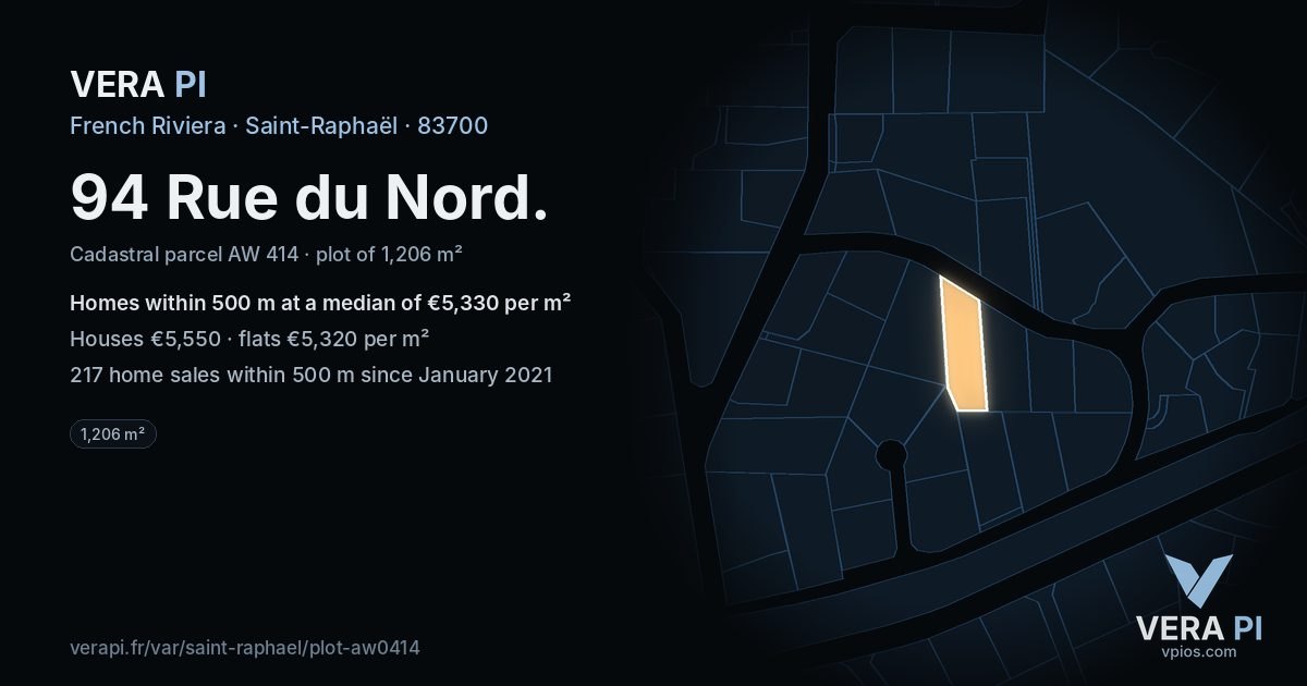 94 Rue du Nord, Saint-Raphaël at night – the plot lit, the parcels around coloured by the prices near them