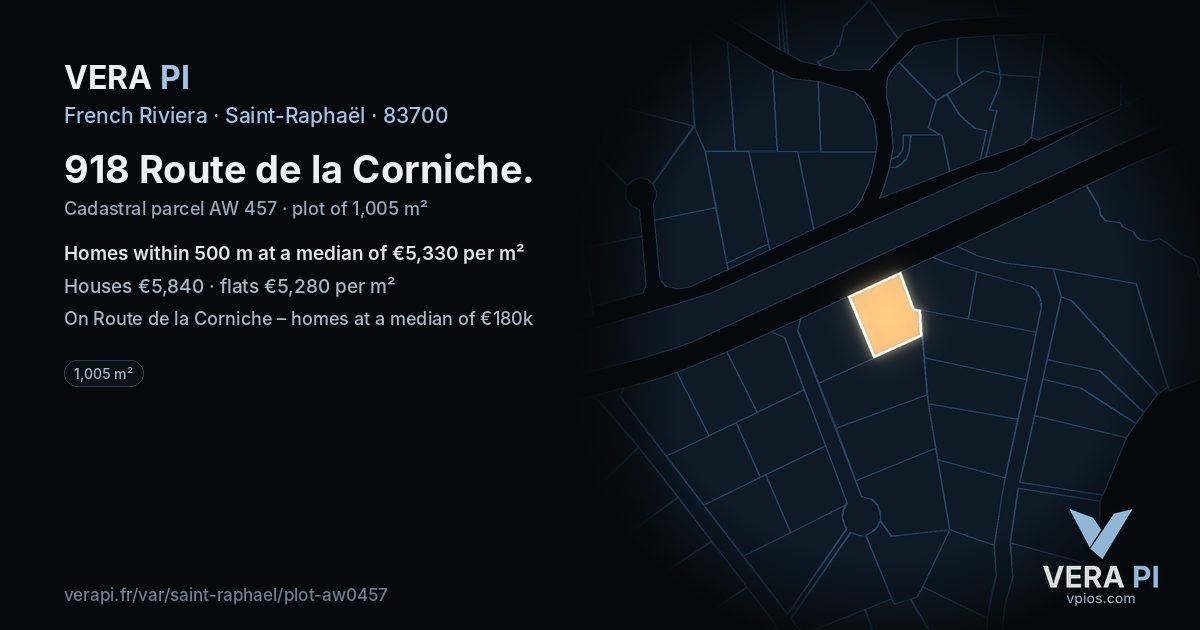 918 Route de la Corniche, Saint-Raphaël at night – the plot lit, the parcels around coloured by the prices near them