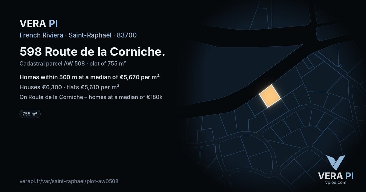 598 Route de la Corniche, Saint-Raphaël at night – the plot lit, the parcels around coloured by the prices near them