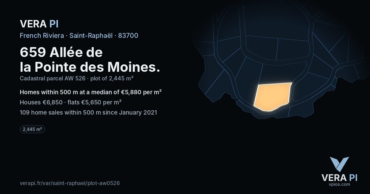 659 Allée de la Pointe des Moines, Saint-Raphaël at night – the plot lit, the parcels around coloured by the prices near them