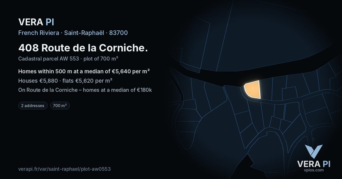 408 Route de la Corniche, Saint-Raphaël at night – the plot lit, the parcels around coloured by the prices near them