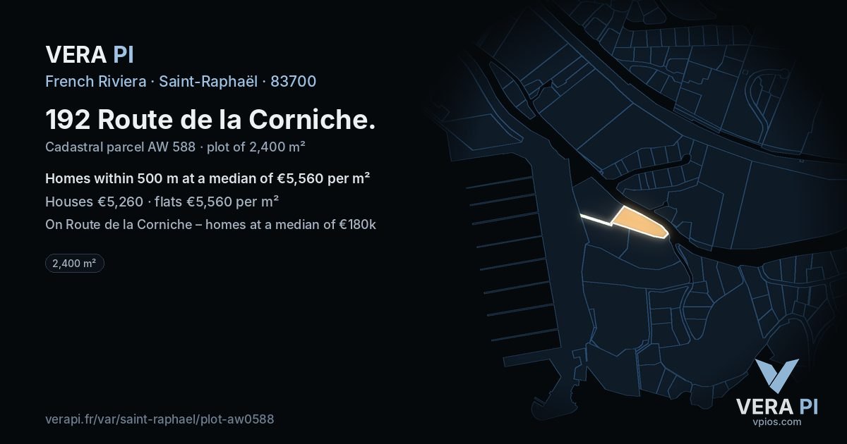 192 Route de la Corniche, Saint-Raphaël at night – the plot lit, the parcels around coloured by the prices near them