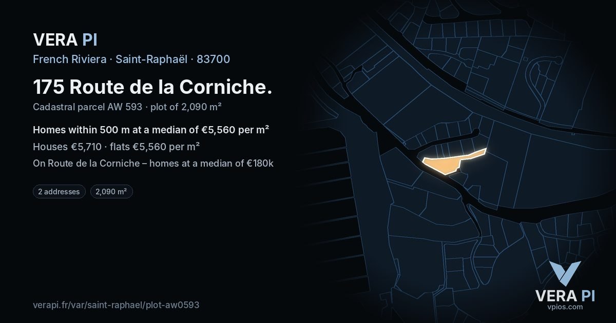 175 Route de la Corniche, Saint-Raphaël at night – the plot lit, the parcels around coloured by the prices near them