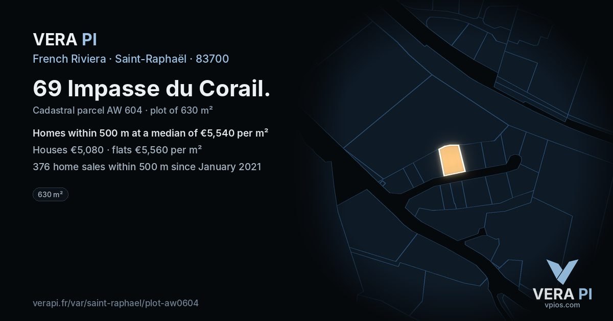 69 Impasse du Corail, Saint-Raphaël at night – the plot lit, the parcels around coloured by the prices near them
