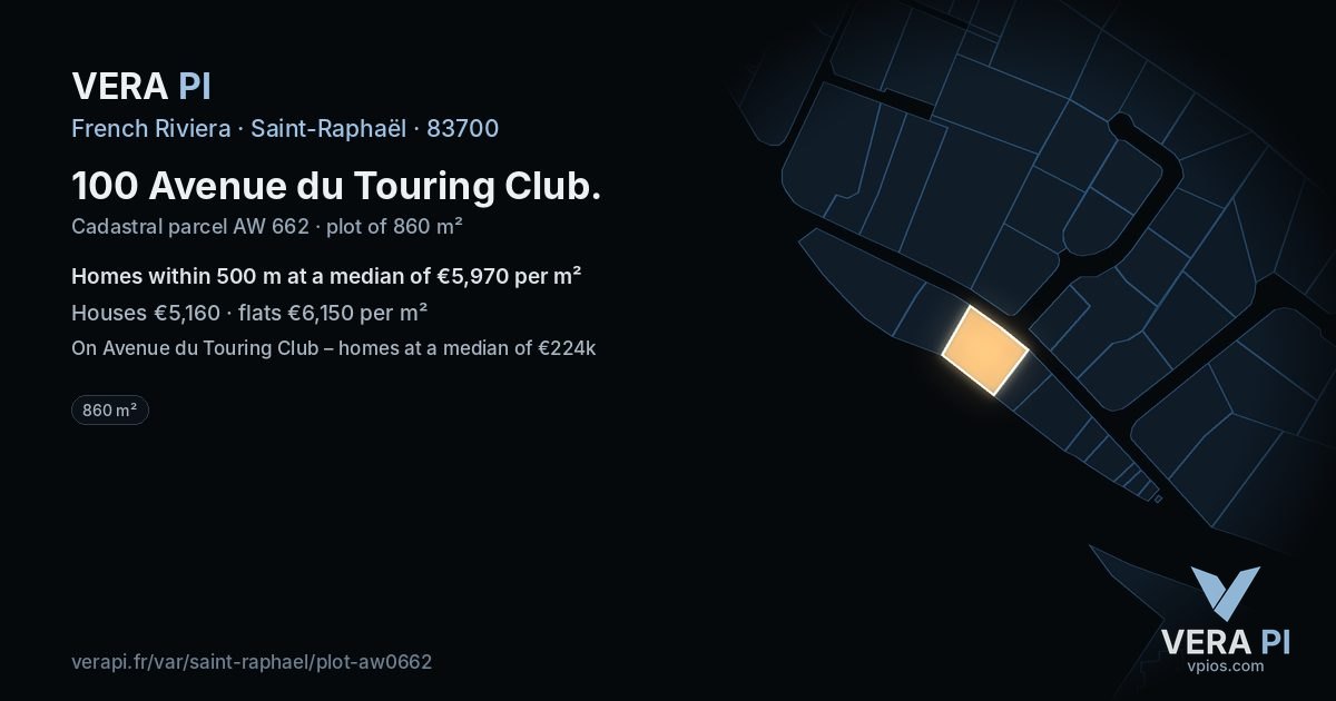 100 Avenue du Touring Club, Saint-Raphaël at night – the plot lit, the parcels around coloured by the prices near them