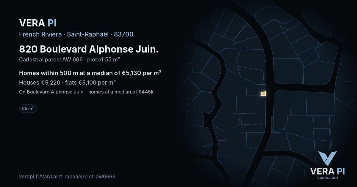 820 Boulevard Alphonse Juin, Saint-Raphaël at night – the plot lit, the parcels around coloured by the prices near them
