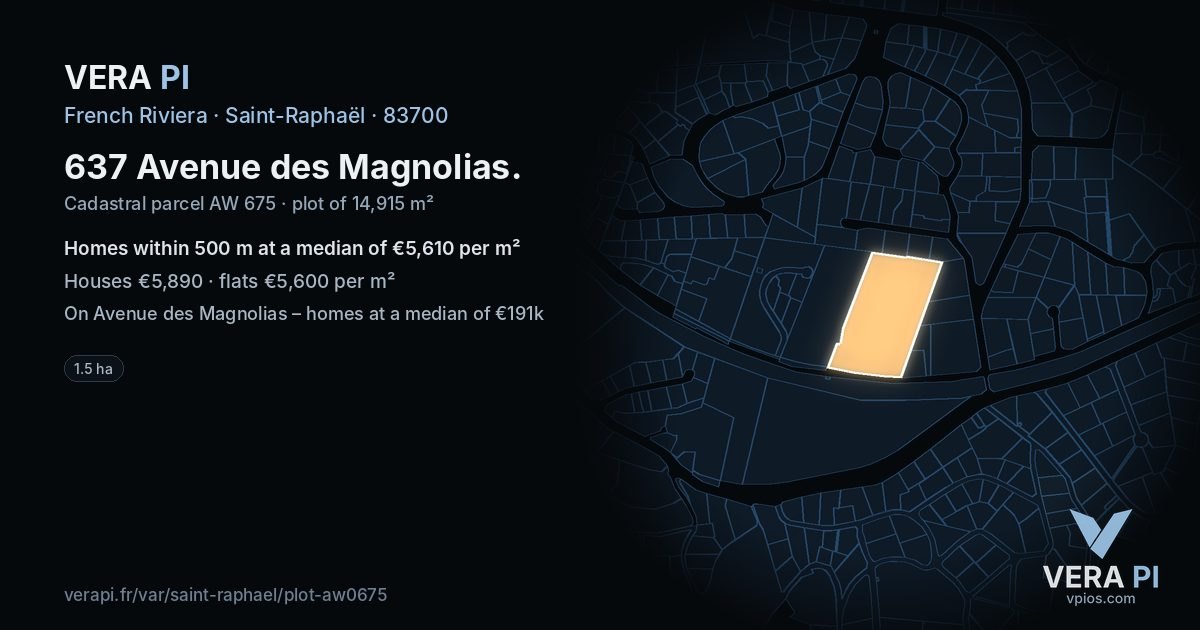 637 Avenue des Magnolias, Saint-Raphaël at night – the plot lit, the parcels around coloured by the prices near them