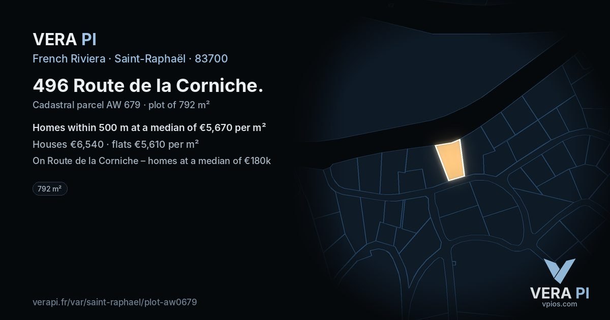 496 Route de la Corniche, Saint-Raphaël at night – the plot lit, the parcels around coloured by the prices near them