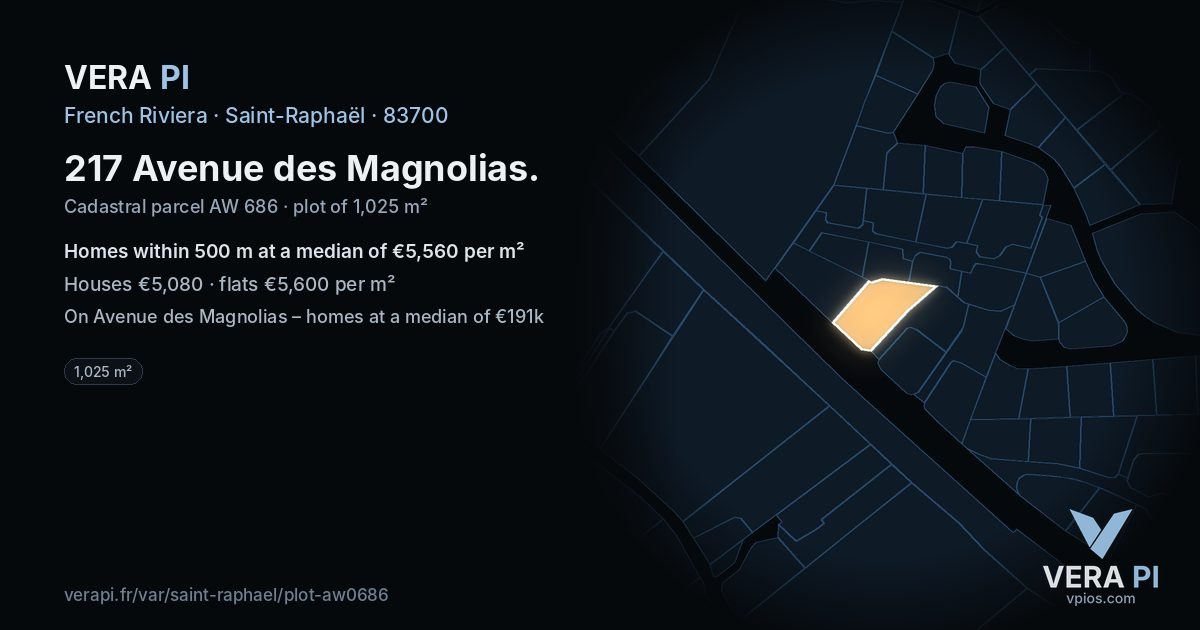 217 Avenue des Magnolias, Saint-Raphaël at night – the plot lit, the parcels around coloured by the prices near them