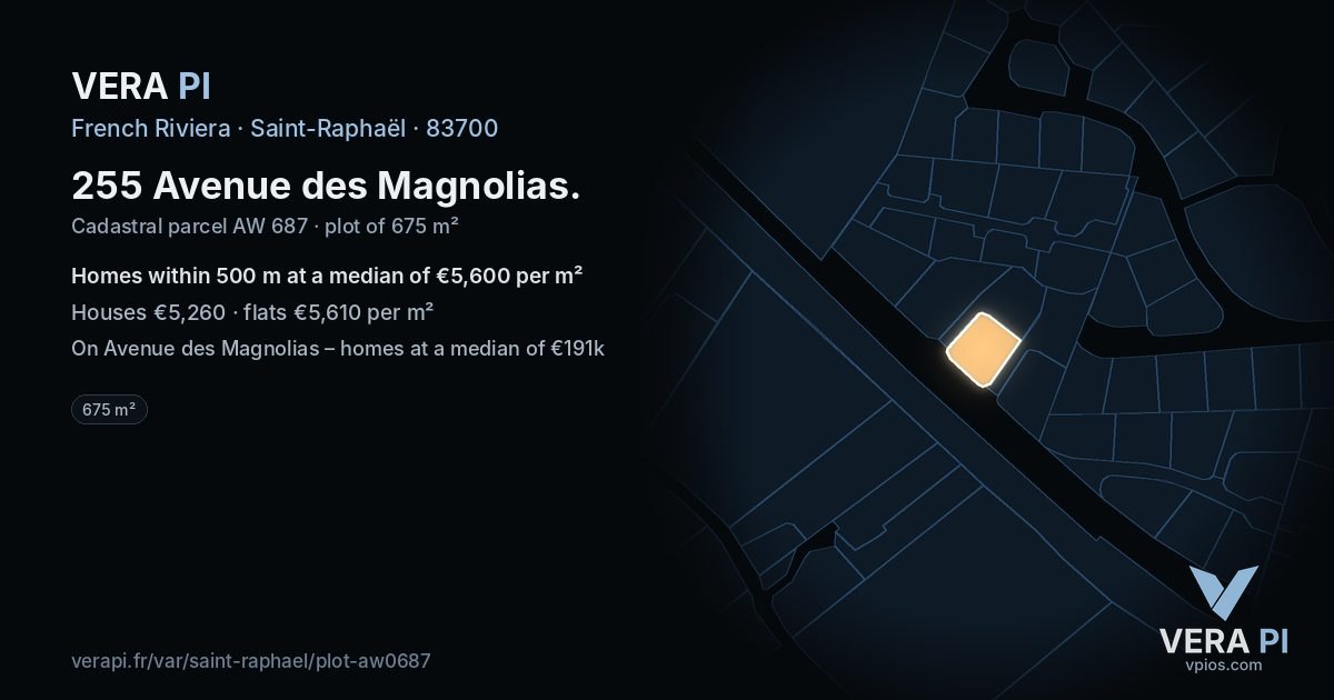 255 Avenue des Magnolias, Saint-Raphaël at night – the plot lit, the parcels around coloured by the prices near them