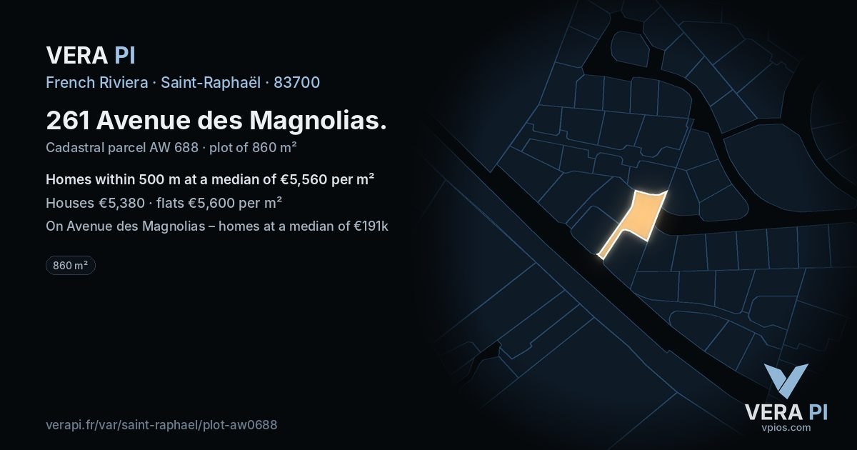 261 Avenue des Magnolias, Saint-Raphaël at night – the plot lit, the parcels around coloured by the prices near them