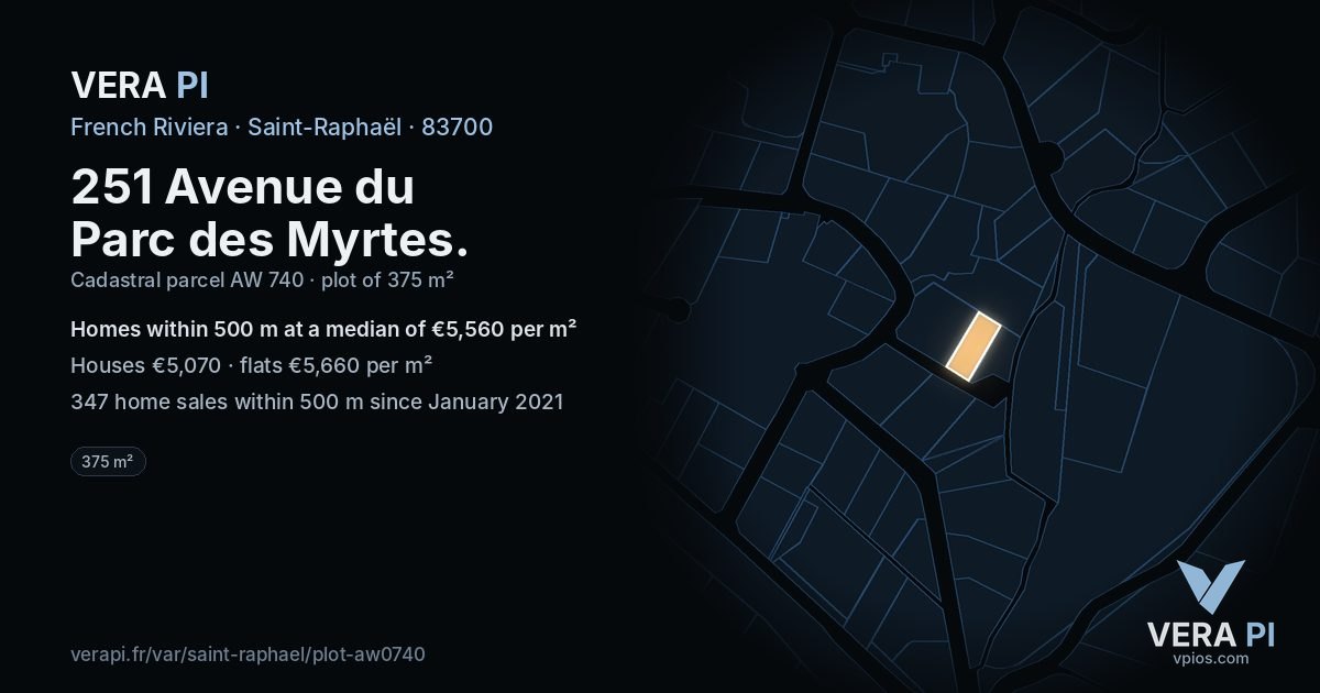 251 Avenue du Parc des Myrtes, Saint-Raphaël at night – the plot lit, the parcels around coloured by the prices near them