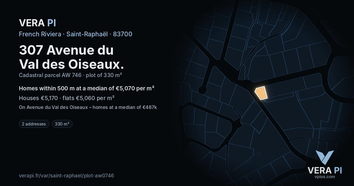 307 Avenue du Val des Oiseaux, Saint-Raphaël at night – the plot lit, the parcels around coloured by the prices near them