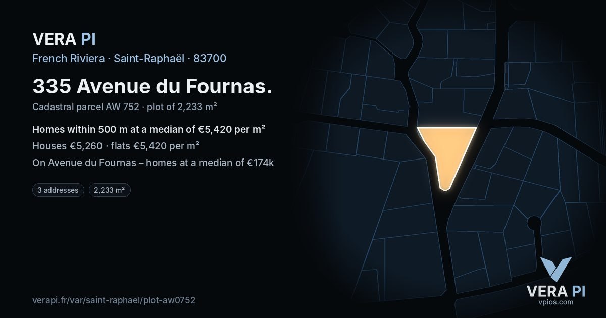 335 Avenue du Fournas, Saint-Raphaël at night – the plot lit, the parcels around coloured by the prices near them