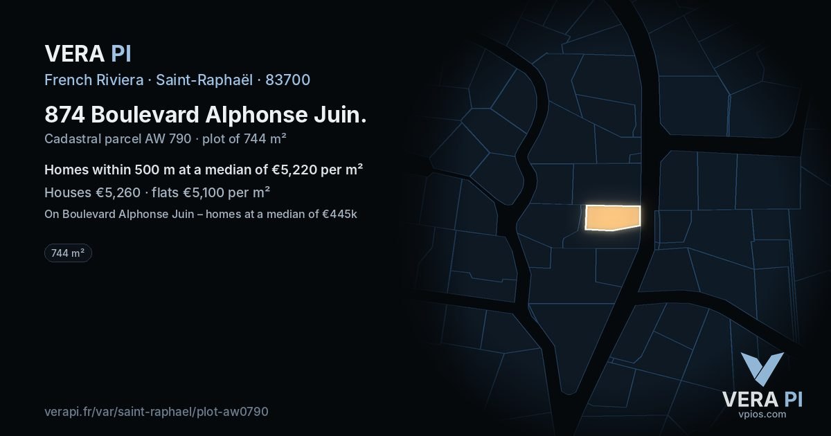 874 Boulevard Alphonse Juin, Saint-Raphaël at night – the plot lit, the parcels around coloured by the prices near them