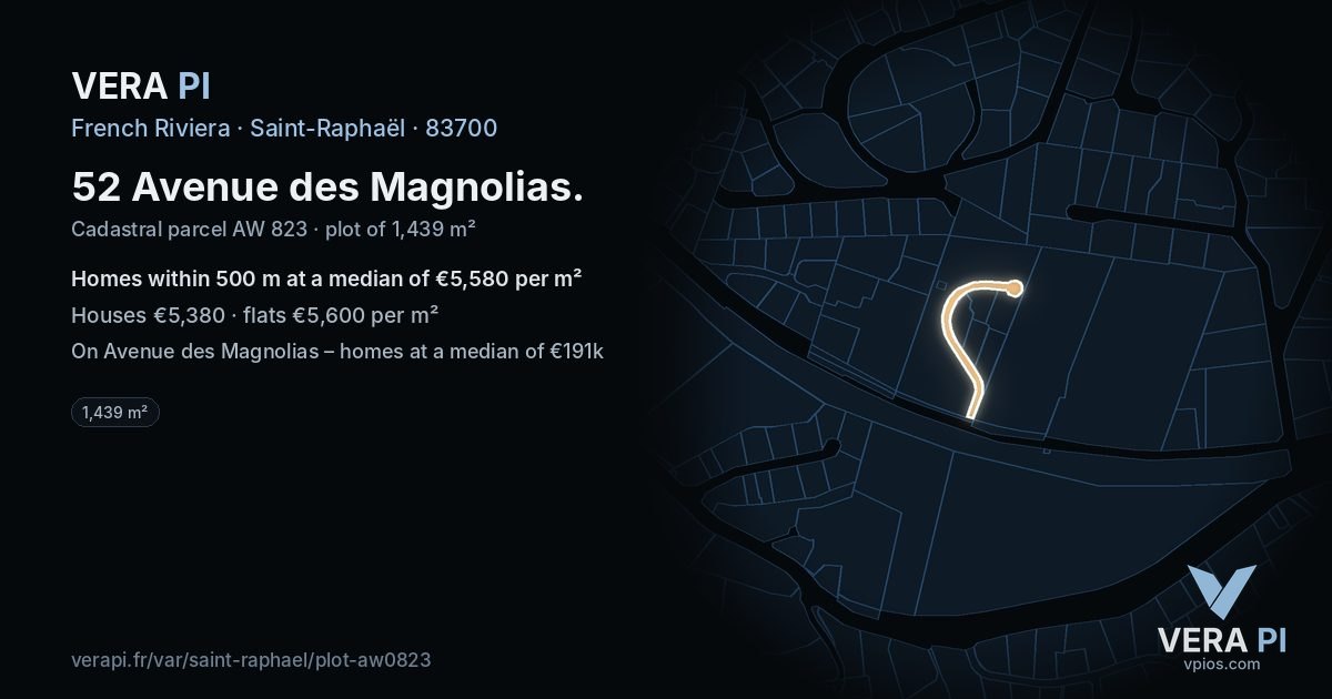 52 Avenue des Magnolias, Saint-Raphaël at night – the plot lit, the parcels around coloured by the prices near them