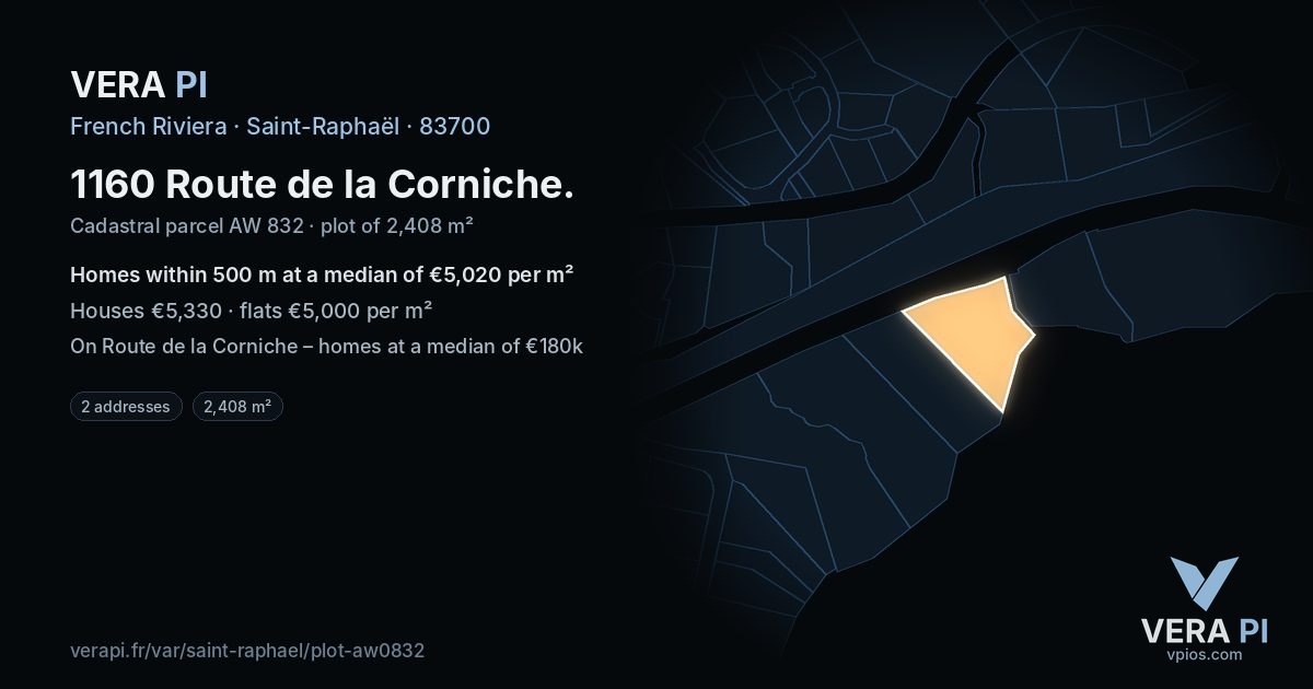 1160 Route de la Corniche, Saint-Raphaël at night – the plot lit, the parcels around coloured by the prices near them