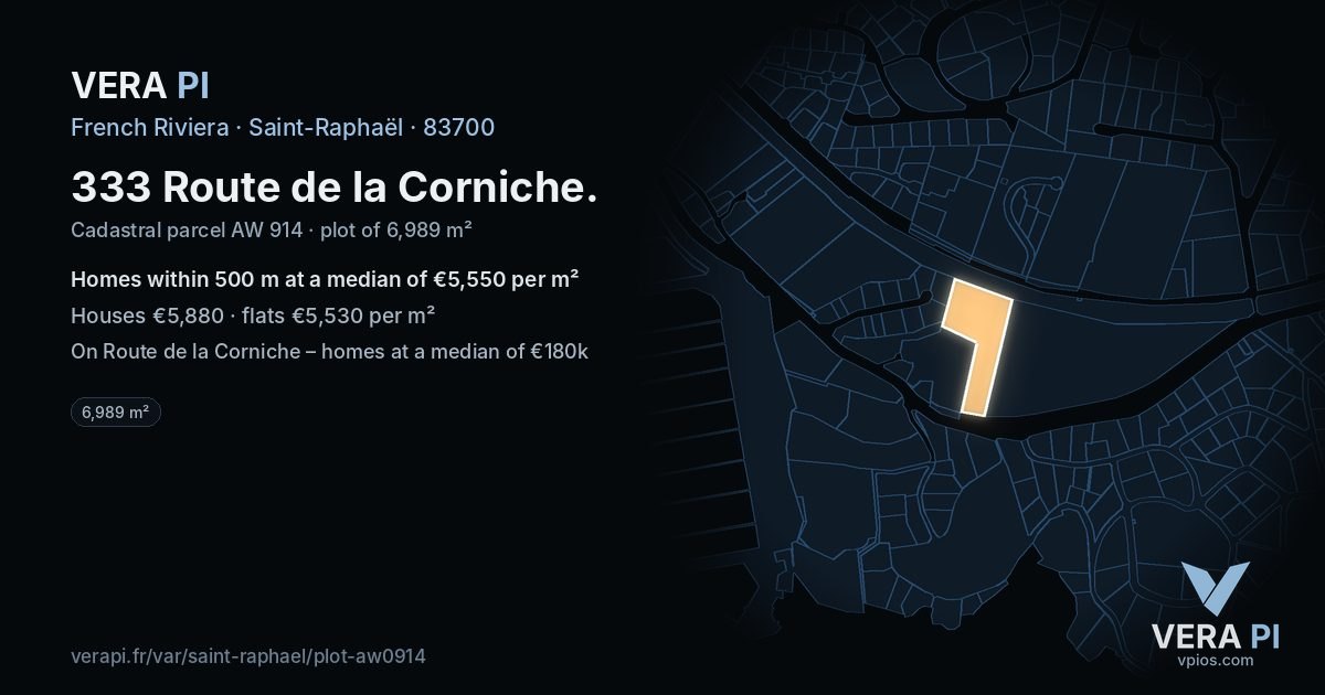 333 Route de la Corniche, Saint-Raphaël at night – the plot lit, the parcels around coloured by the prices near them