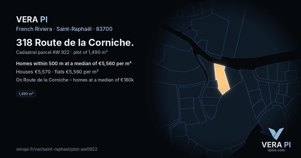 318 Route de la Corniche, Saint-Raphaël at night – the plot lit, the parcels around coloured by the prices near them