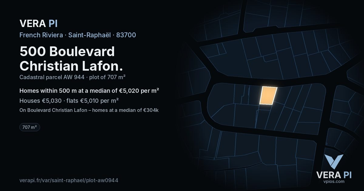 500 Boulevard Christian Lafon, Saint-Raphaël at night – the plot lit, the parcels around coloured by the prices near them