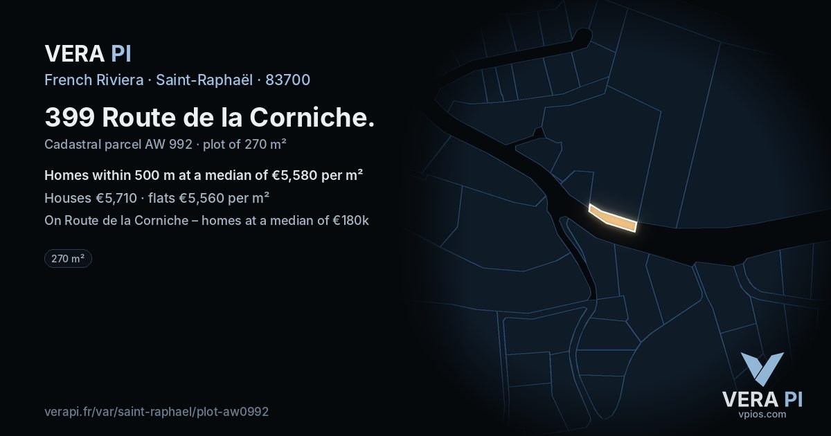 399 Route de la Corniche, Saint-Raphaël at night – the plot lit, the parcels around coloured by the prices near them