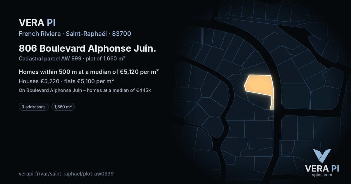 806 Boulevard Alphonse Juin, Saint-Raphaël at night – the plot lit, the parcels around coloured by the prices near them