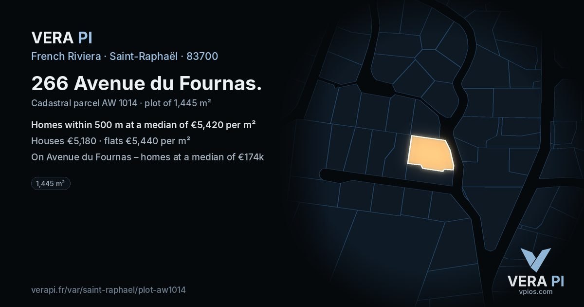 266 Avenue du Fournas, Saint-Raphaël at night – the plot lit, the parcels around coloured by the prices near them