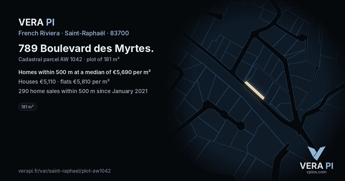 789 Boulevard des Myrtes, Saint-Raphaël at night – the plot lit, the parcels around coloured by the prices near them