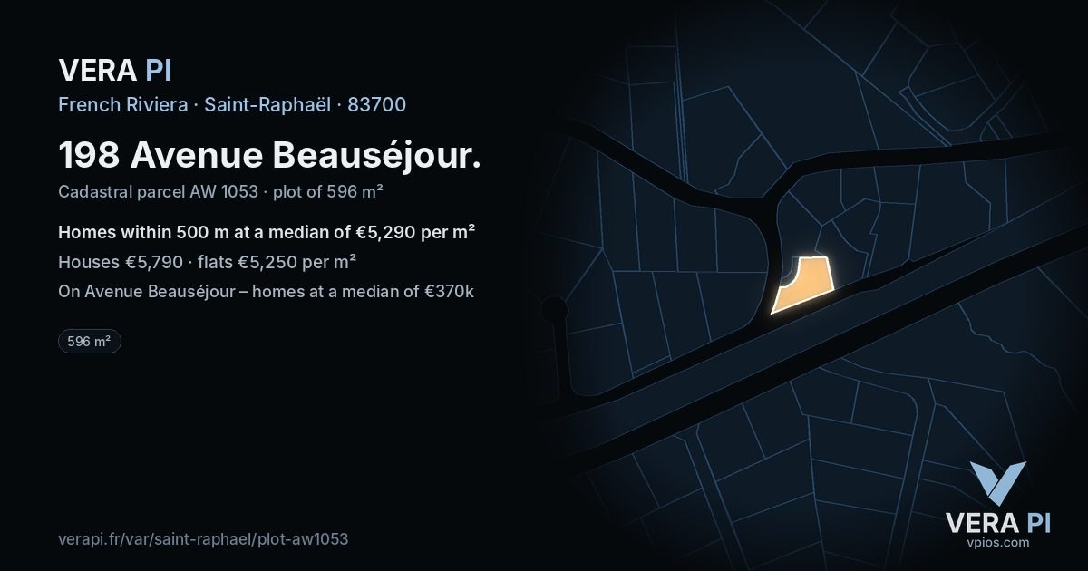 198 Avenue Beauséjour, Saint-Raphaël at night – the plot lit, the parcels around coloured by the prices near them