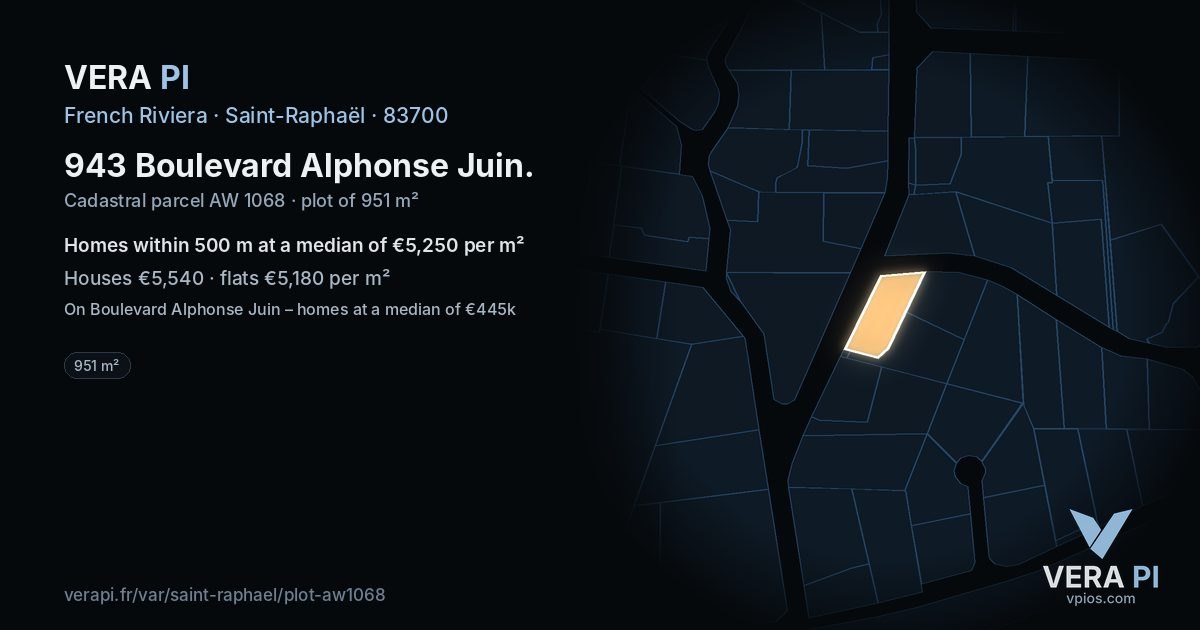 943 Boulevard Alphonse Juin, Saint-Raphaël at night – the plot lit, the parcels around coloured by the prices near them