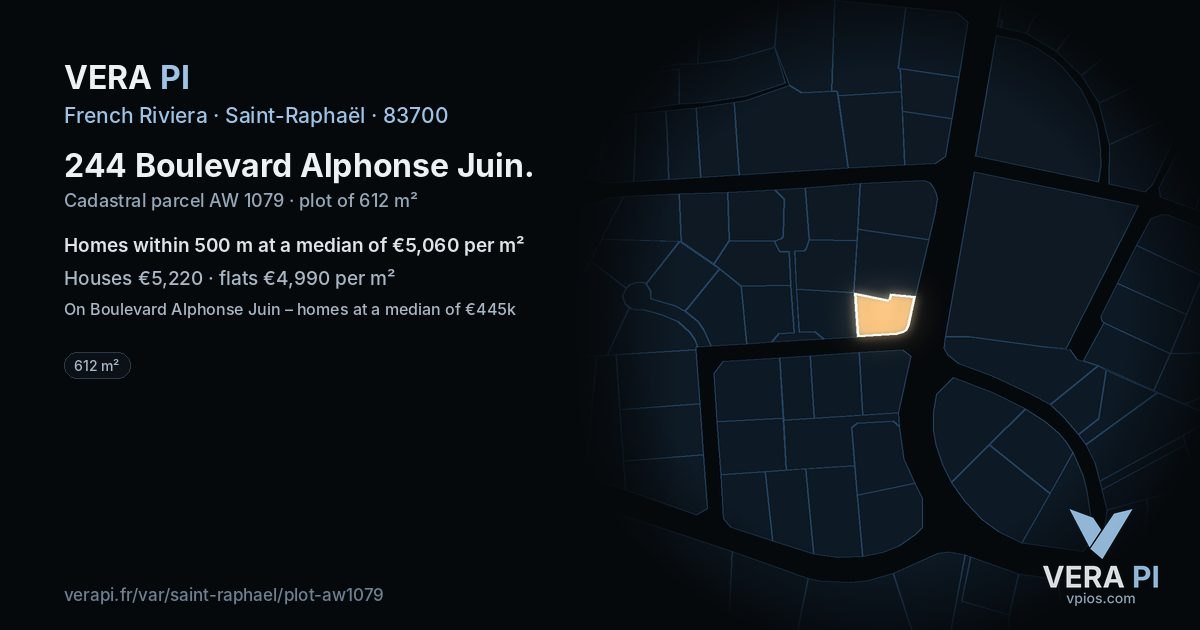 244 Boulevard Alphonse Juin, Saint-Raphaël at night – the plot lit, the parcels around coloured by the prices near them