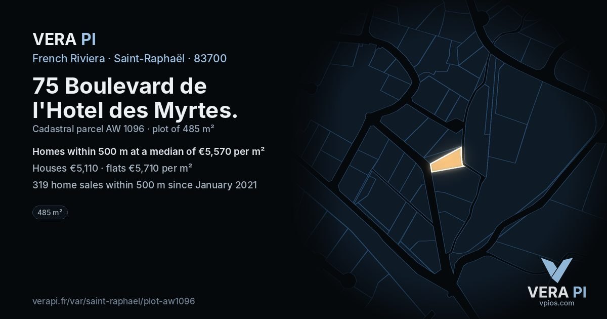 75 Boulevard de l'Hotel des Myrtes, Saint-Raphaël at night – the plot lit, the parcels around coloured by the prices near them