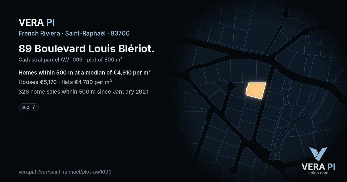89 Boulevard Louis Blériot, Saint-Raphaël at night – the plot lit, the parcels around coloured by the prices near them