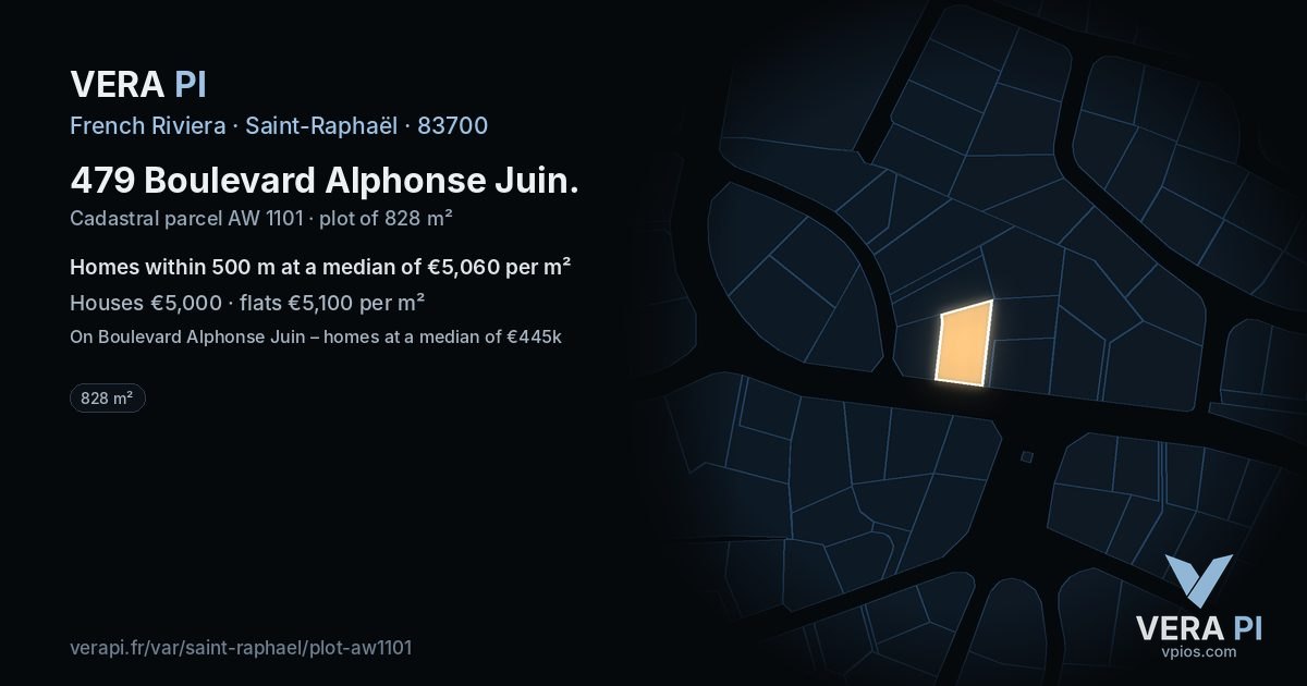 479 Boulevard Alphonse Juin, Saint-Raphaël at night – the plot lit, the parcels around coloured by the prices near them