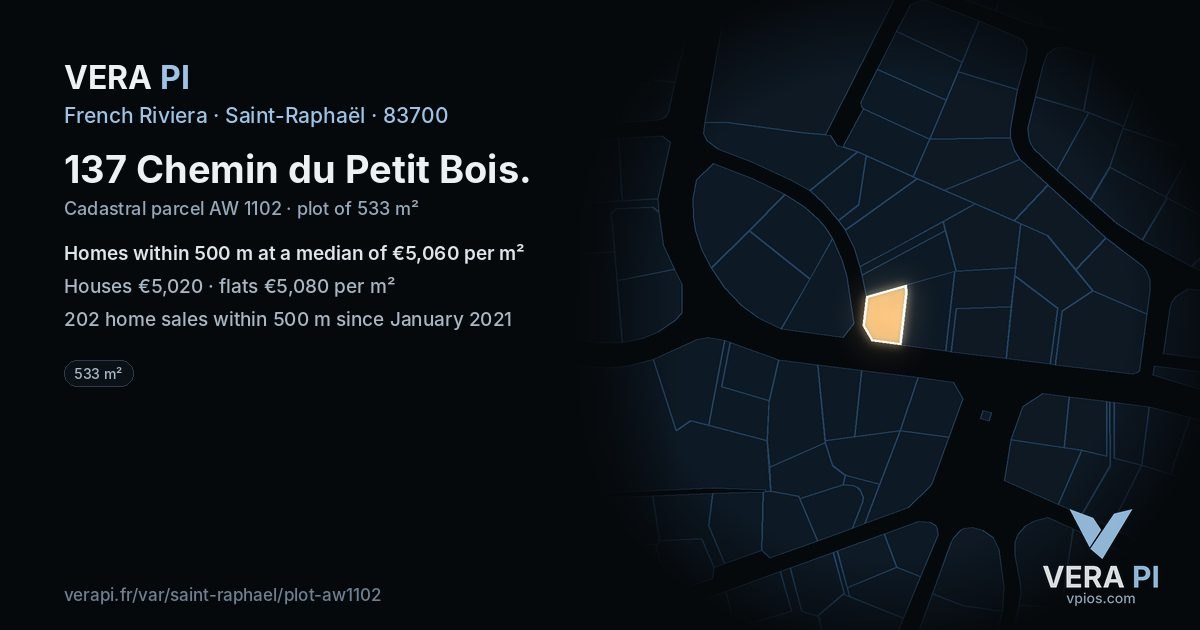 137 Chemin du Petit Bois, Saint-Raphaël at night – the plot lit, the parcels around coloured by the prices near them