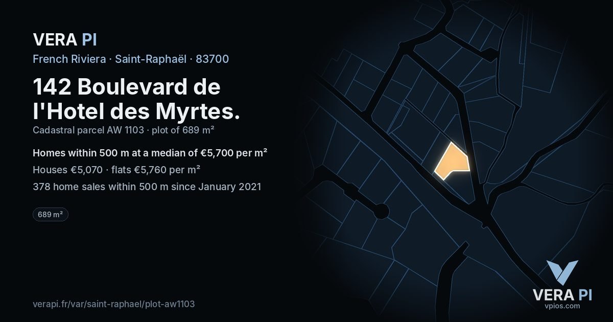 142 Boulevard de l'Hotel des Myrtes, Saint-Raphaël at night – the plot lit, the parcels around coloured by the prices near them