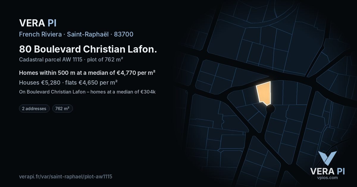 80 Boulevard Christian Lafon, Saint-Raphaël at night – the plot lit, the parcels around coloured by the prices near them