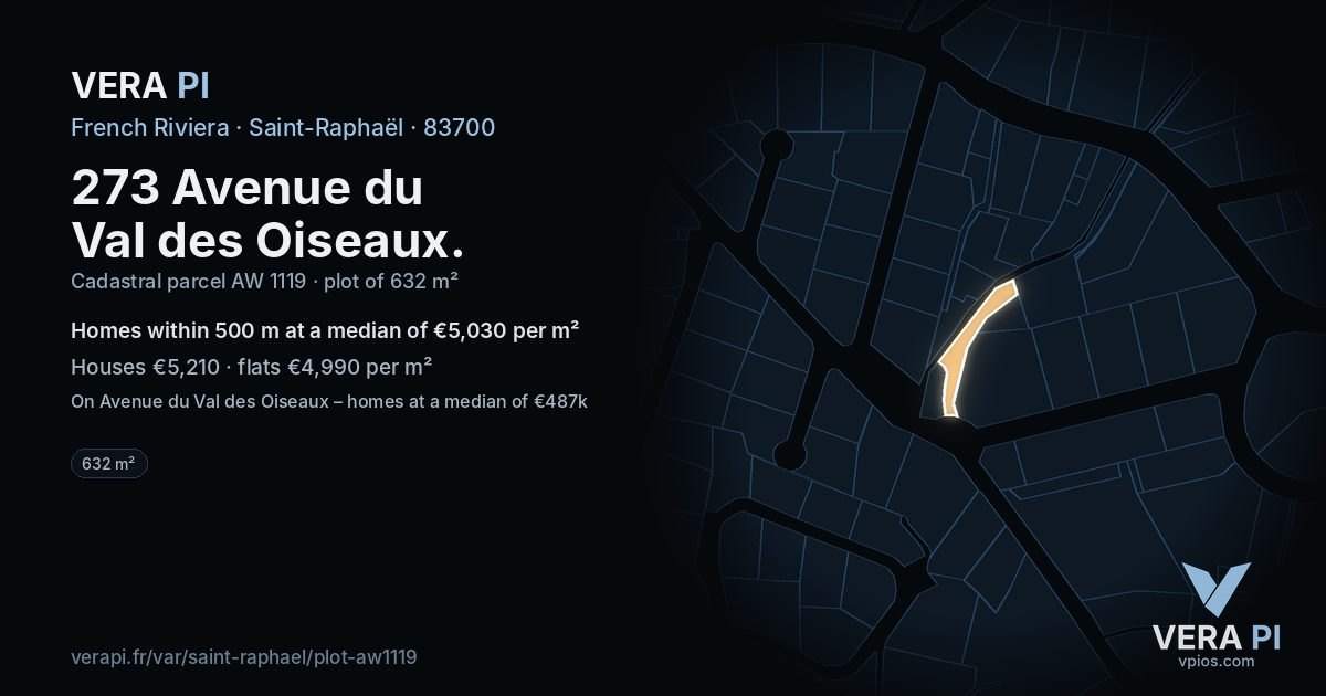 273 Avenue du Val des Oiseaux, Saint-Raphaël at night – the plot lit, the parcels around coloured by the prices near them