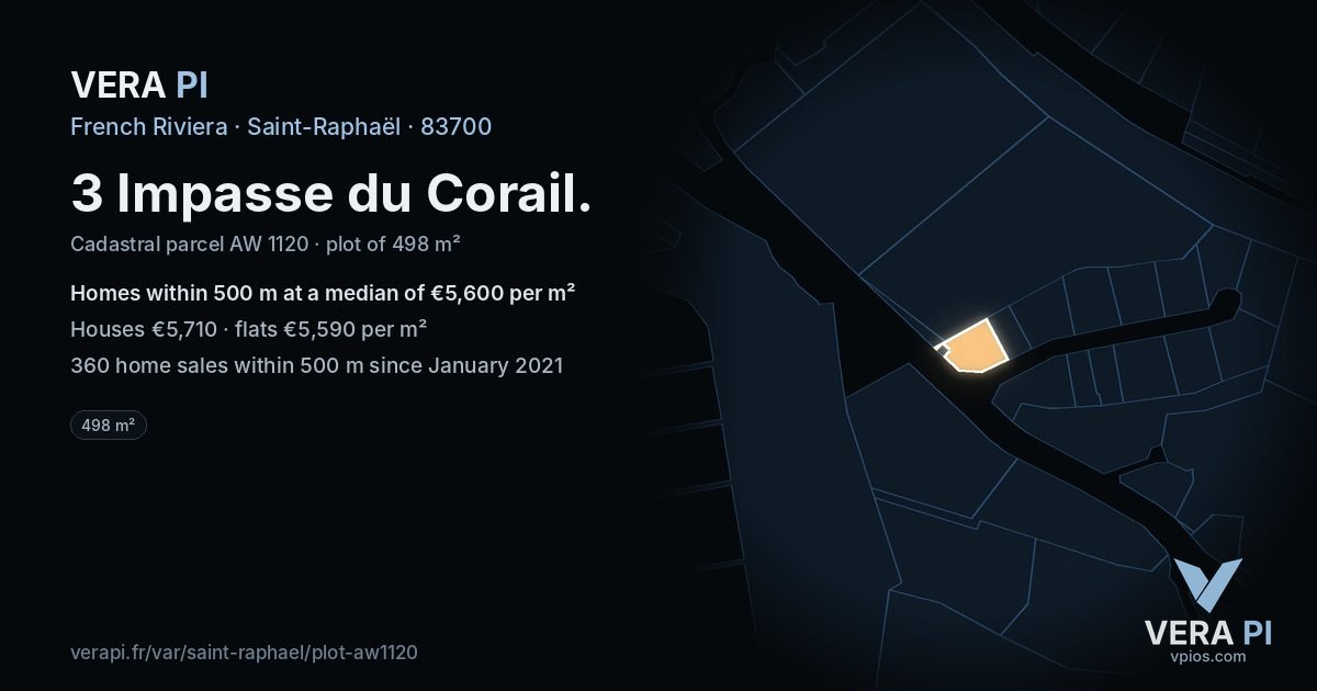 3 Impasse du Corail, Saint-Raphaël at night – the plot lit, the parcels around coloured by the prices near them