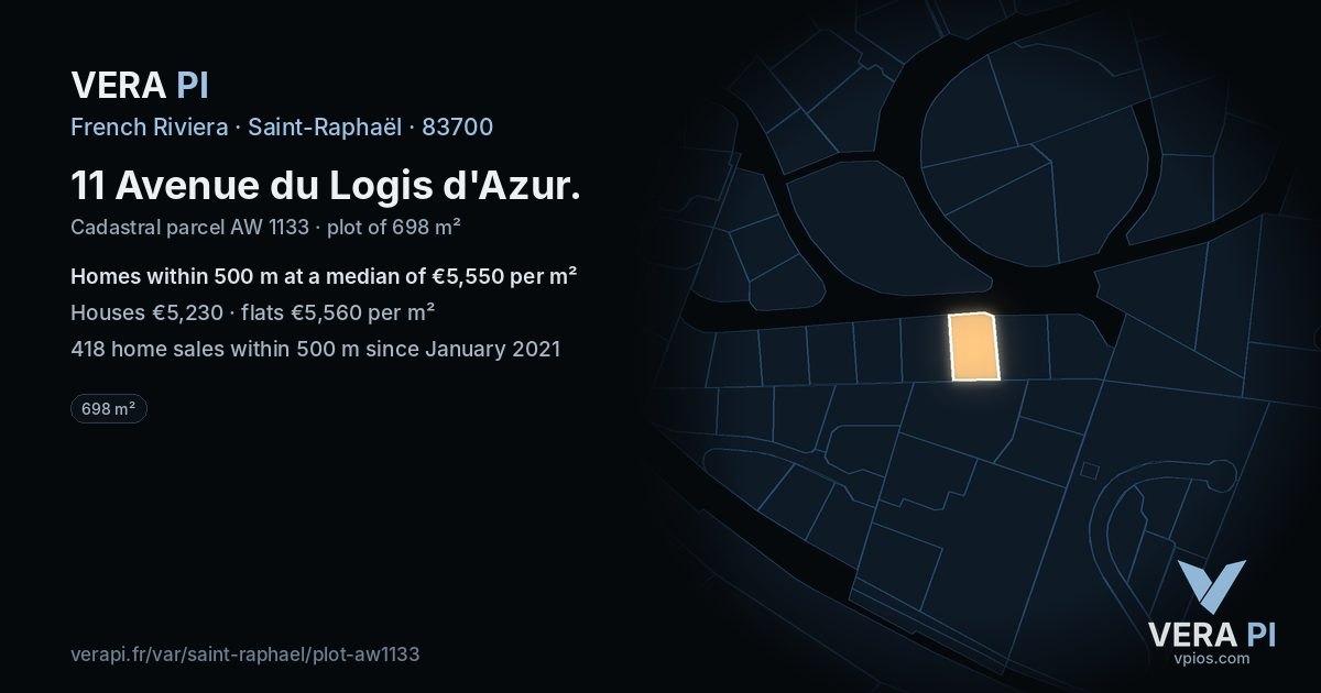 11 Avenue du Logis d'Azur, Saint-Raphaël at night – the plot lit, the parcels around coloured by the prices near them