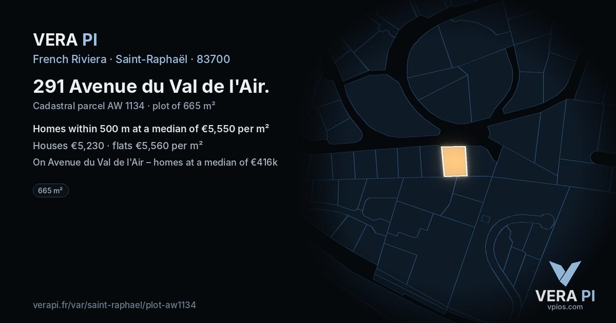 291 Avenue du Val de l'Air, Saint-Raphaël at night – the plot lit, the parcels around coloured by the prices near them