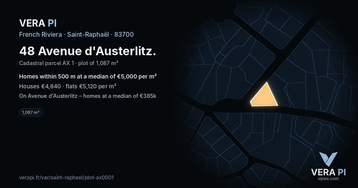48 Avenue d'Austerlitz, Saint-Raphaël at night – the plot lit, the parcels around coloured by the prices near them