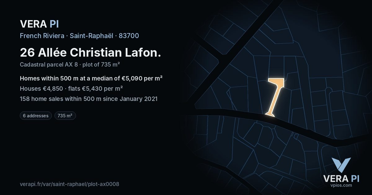 26 Allée Christian Lafon, Saint-Raphaël at night – the plot lit, the parcels around coloured by the prices near them