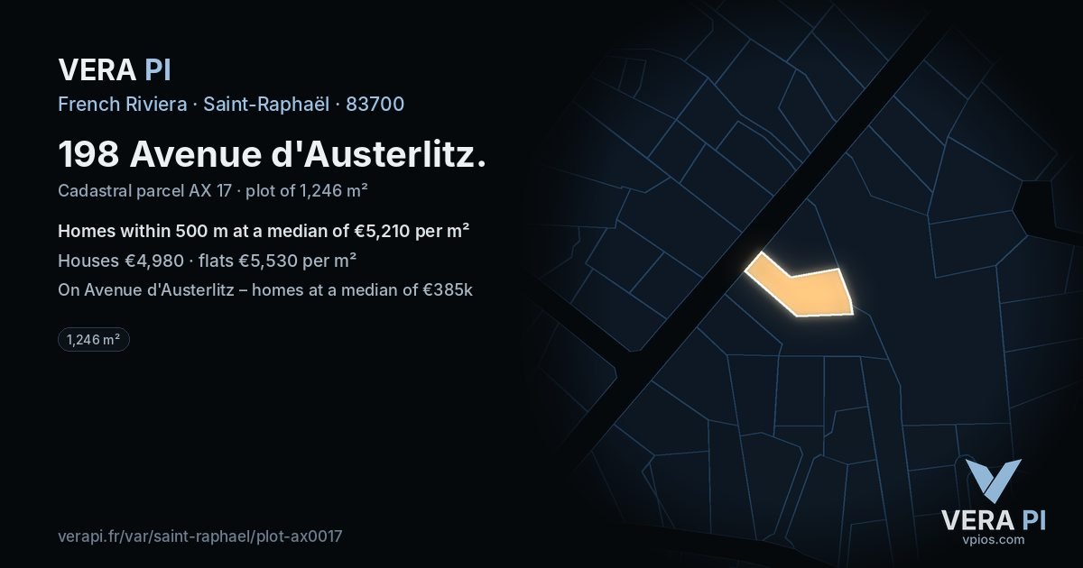 198 Avenue d'Austerlitz, Saint-Raphaël at night – the plot lit, the parcels around coloured by the prices near them
