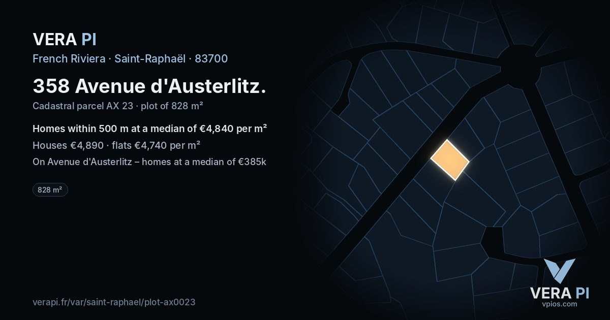 358 Avenue d'Austerlitz, Saint-Raphaël at night – the plot lit, the parcels around coloured by the prices near them