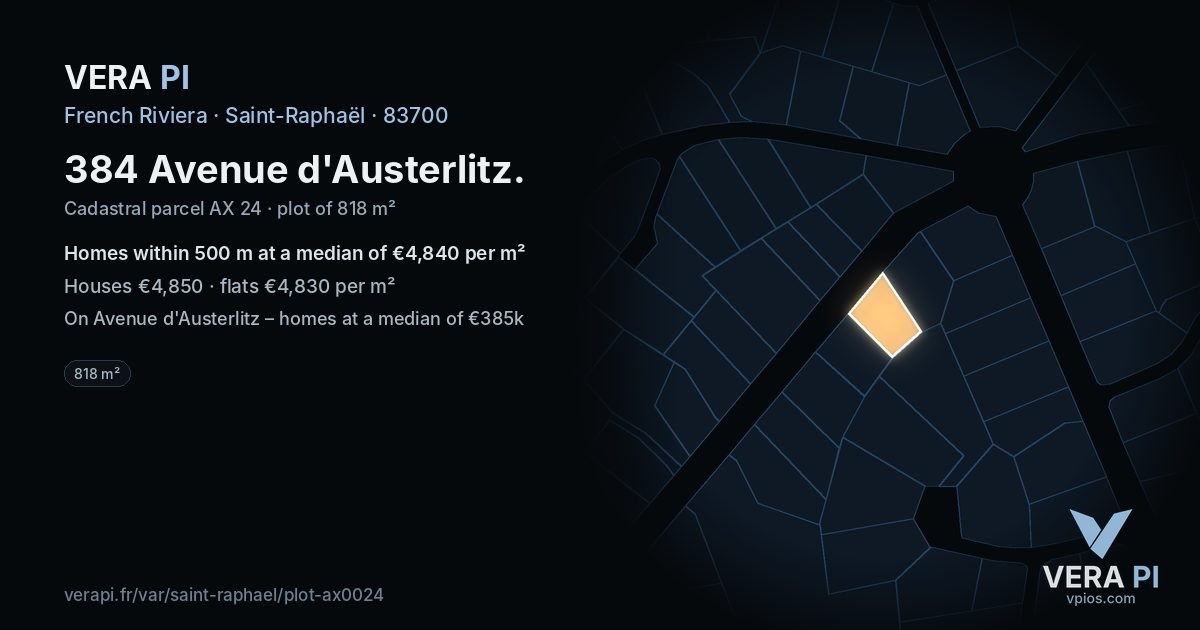 384 Avenue d'Austerlitz, Saint-Raphaël at night – the plot lit, the parcels around coloured by the prices near them