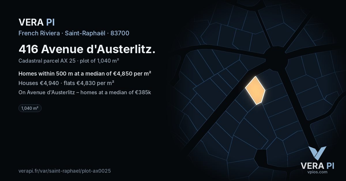 416 Avenue d'Austerlitz, Saint-Raphaël at night – the plot lit, the parcels around coloured by the prices near them