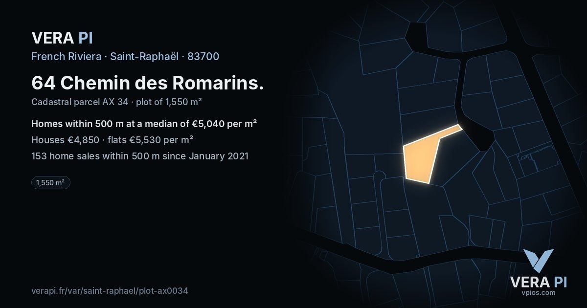 64 Chemin des Romarins, Saint-Raphaël at night – the plot lit, the parcels around coloured by the prices near them