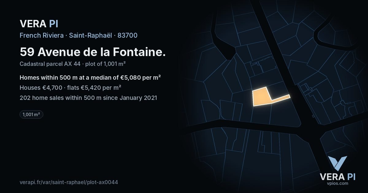 59 Avenue de la Fontaine, Saint-Raphaël at night – the plot lit, the parcels around coloured by the prices near them