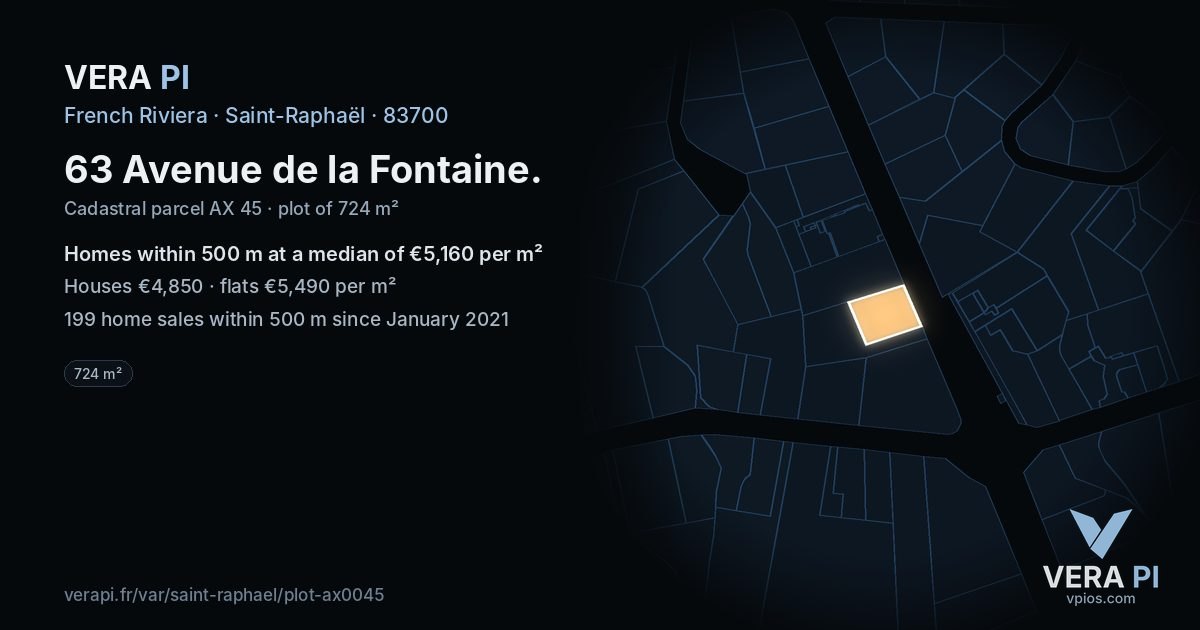 63 Avenue de la Fontaine, Saint-Raphaël at night – the plot lit, the parcels around coloured by the prices near them